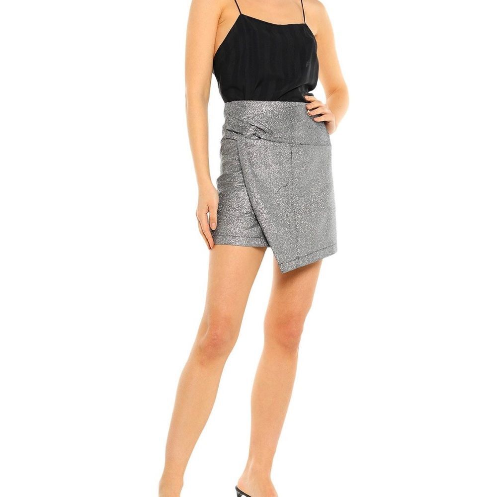 Mini wrap silver metallic glitter zip closure crepe skirt Mangano party M NWT